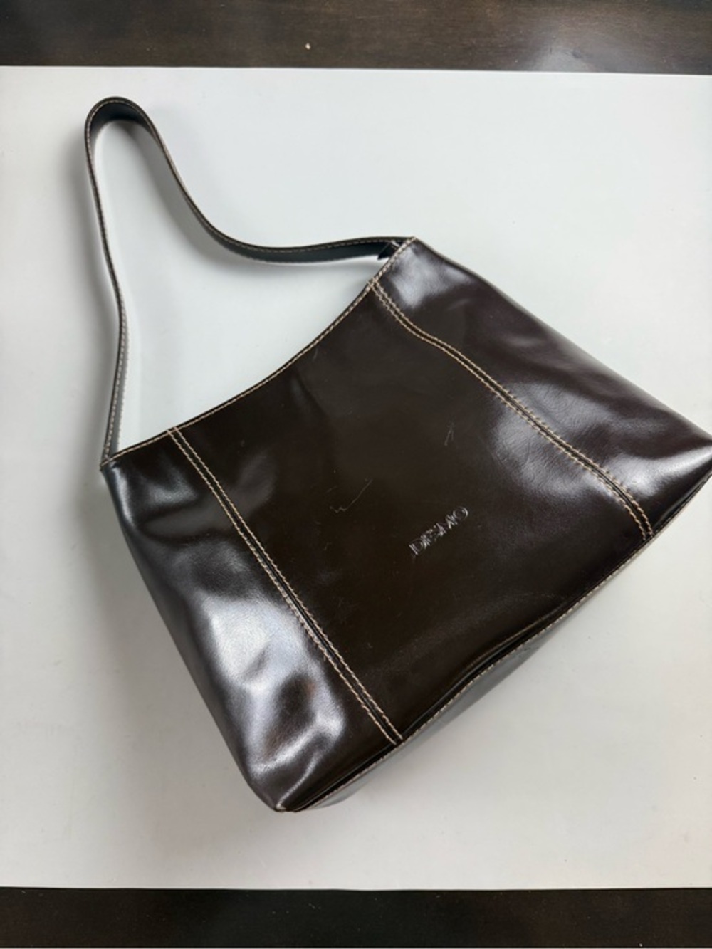 vtg Y2K DESMO Italian Brown Leather Shoulder Bag Hobo Minimalist Baguette